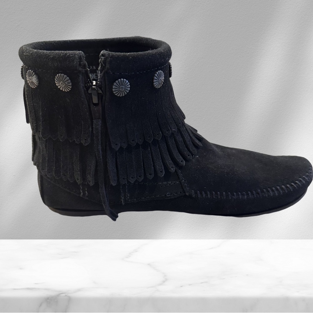 Black Suede Minnie Tonka Ankle Moccasins 7 1/2